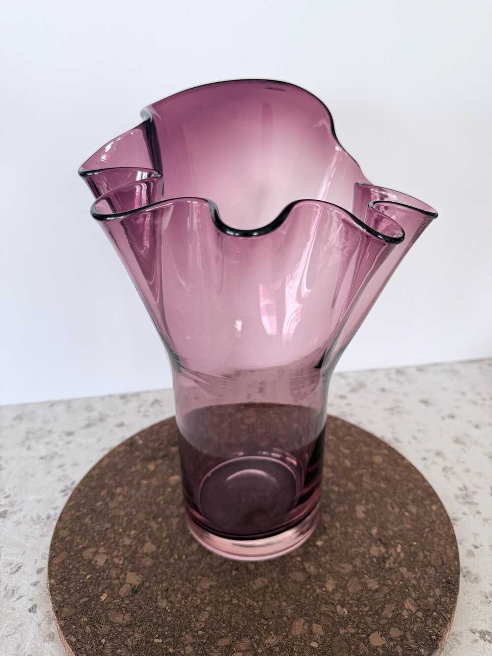 MCM Hand Blown Amethyst Glass Handkerchief Vase Smooth Pontil Ruffled Rim